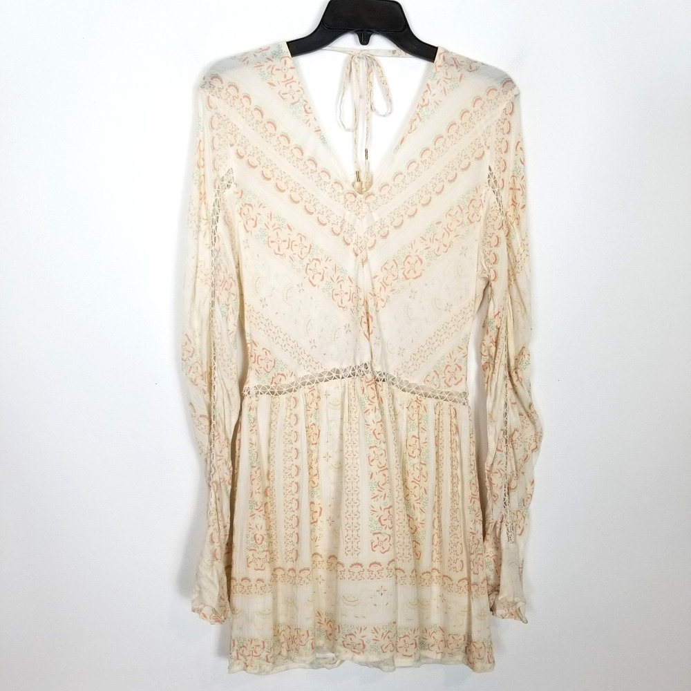 Rahi‎ Cali Women Mini Dress Sz M Boho Printed Long Sleeve Beige Tie Back